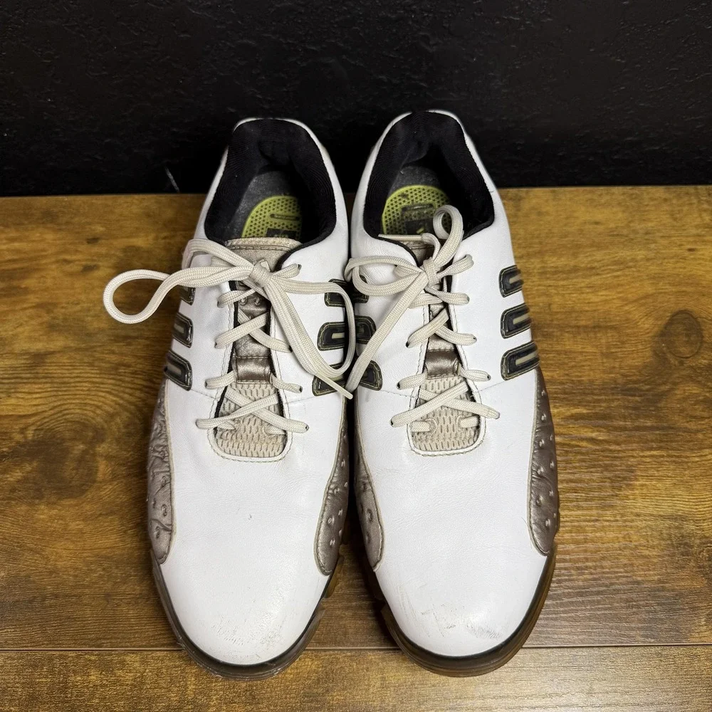 Adidas Powerband Chassis‎ 737853 White Bronze Leather Golf Shoes Mens 9